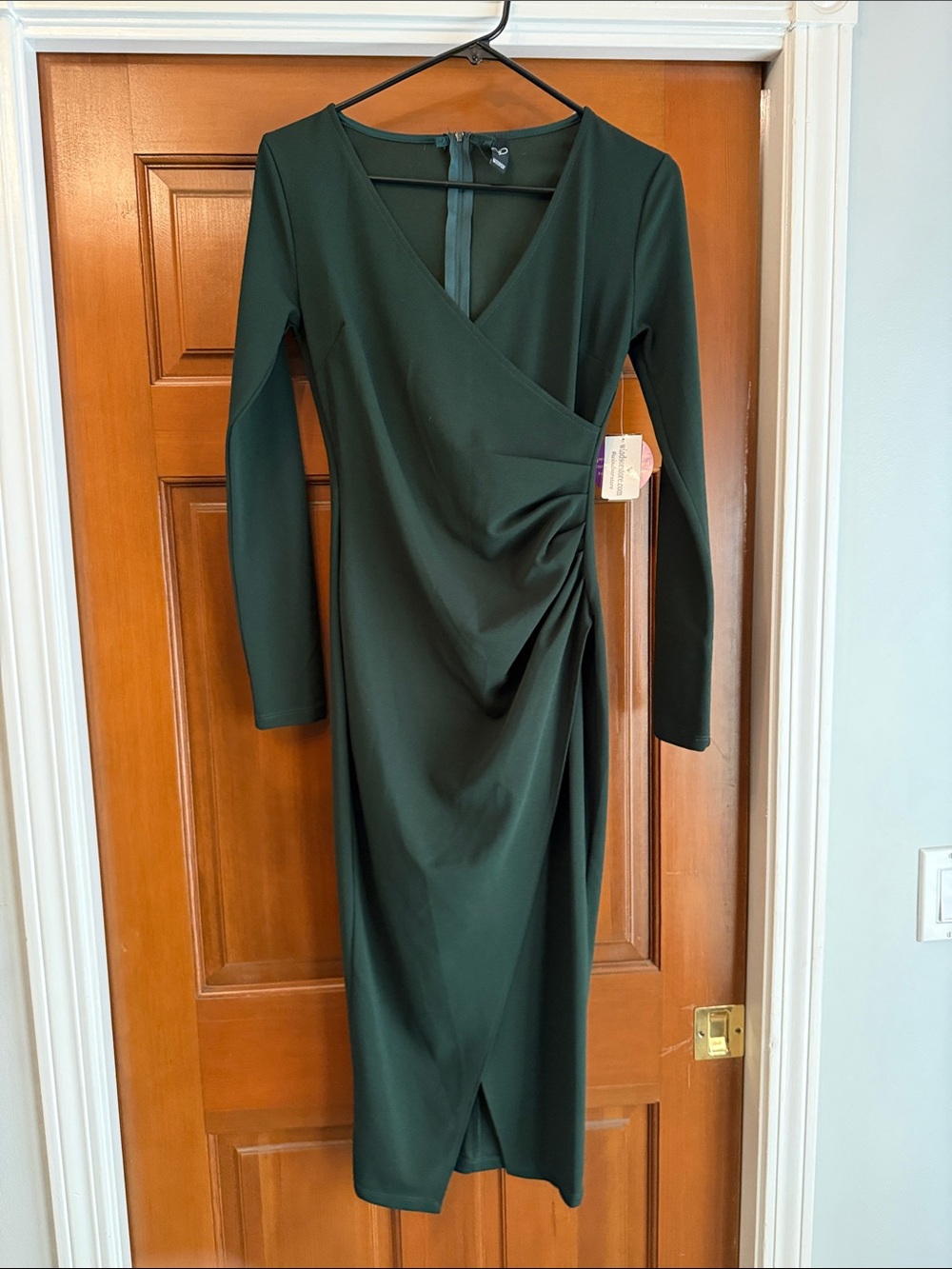Windsor Dark Green Long Sleeve Wrap-Detail Midi Dress
